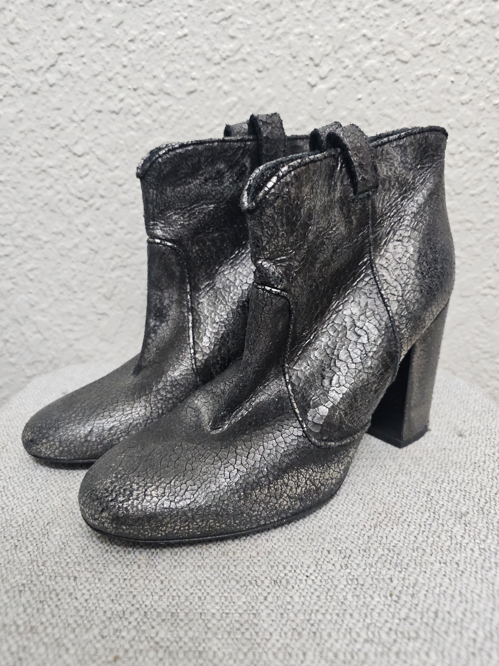 Laurence Dacade Paris Metallic Crackled Leather Ankle Boots Block Heel Silver